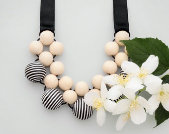 Wood Statement Necklace, Black and White Striped Necklace, Bib Necklace, Wooden Bead Necklace, Chunky Necklace, Beaded Necklace