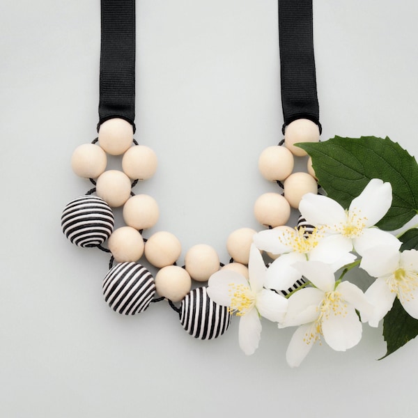 Wood Statement Necklace, Black and White Striped Necklace, Bib Necklace, Wooden Bead Necklace, Chunky Necklace, Beaded Necklace