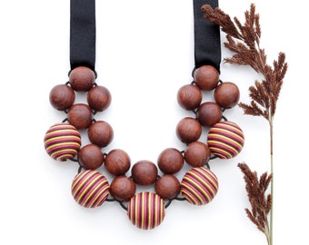 Chunky Wood Statement Necklace with Yellow, Burgundy and Red stripe beads, Beaded Bib Necklace, Geometric Wooden Bead Necklace