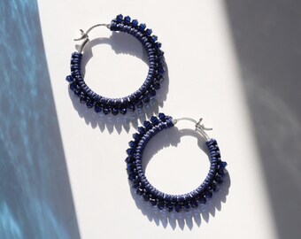 Large Blue Hoop Earrings made with Swarovski Crystals & Macrame on Sterling Silver Hoops, Sparkly Beaded Hoop Earrings, Bead Woven Earrings