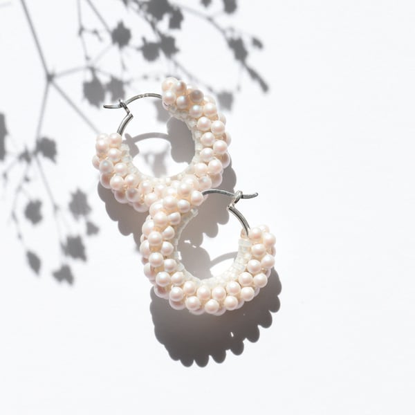 Pearl Hoop Earrings in Iridescent White woven with Swarovski Pearls on Sterling Silver Creoles, Modern Feminine Style for Special Occasions