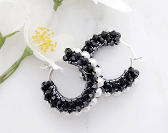 Black & White Chunky Hoop Earrings made with Swarovski Pearls and Crystals on Sterling Silver Creoles, For an Elegant Monochrome Look