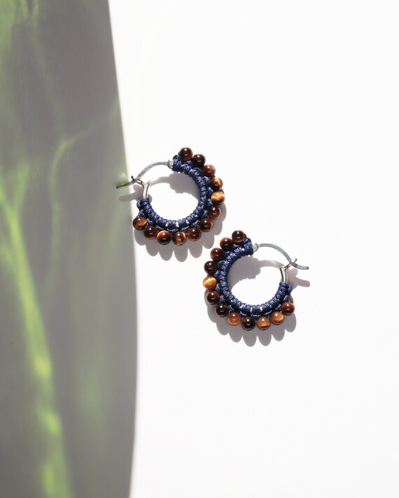 Tiger Eye Hoop Earrings, Macrame Earrings, Gemstone Earrings, Beaded Hoop Earrings, Small Hoop Earrings, June Birthstone, Birthday Gift