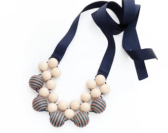 Wooden Statement Necklace, White Wood and Orange, Teal, Blue Stripe Beads, Colourful Necklace