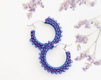 Crystal & Macramé Hoops in Cobalt Blue on Medium Sterling Silver Creoles, Earrings handwoven with macrame knots and crystal embellishment