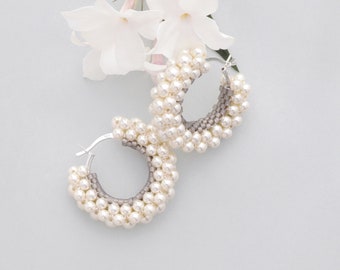 Pearl Hoop Earrings in Creamy White hand woven with Swarovski Pearls on Sterling Silver Creoles, Modern Classic for Special Occasions