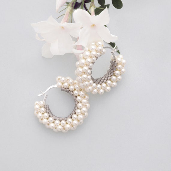 White Pearl Bead Modern Hoops White Pearl Bead Modern Hoops