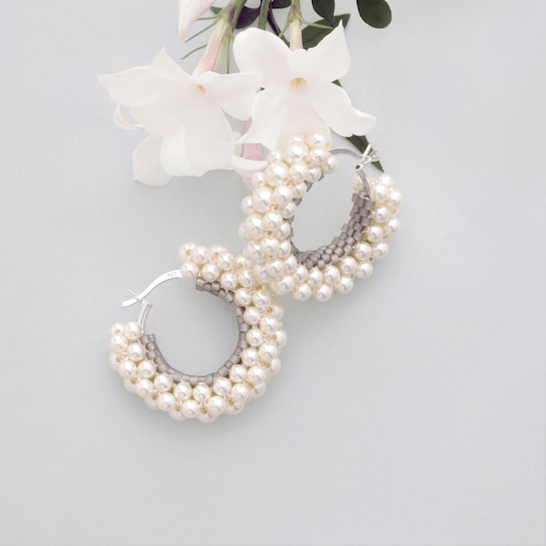 Pearl Hoop Earrings in Creamy White hand woven with Swarovski Pearls on Sterling Silver Creoles, Modern Classic for Special Occasions