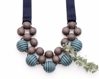 Wood Statement Necklace made with natural wood & stripe fabric beads, Chunky Wooden Bead Necklace perfect gift for Mom
