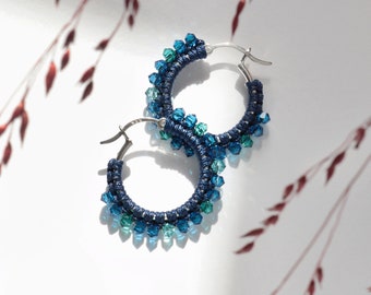 Blue Crystal Spike & Macramé Hoop Earrings on Medium Sterling Silver Creoles, Handwoven macramé knots and a row of Sparkly Crystals