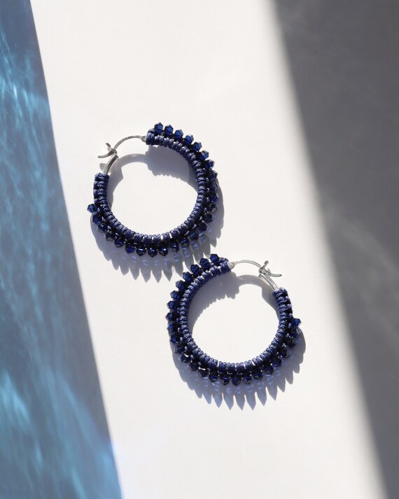 Large Blue Hoop Earrings Made With Swarovski Crystals  Elegant Blue and Silver Beaded Hoop Earrings main image 0