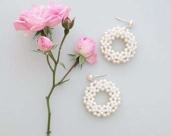 Pearl Circle Drop Earrings made with Swarovski Pearls & Crystals with Sterling Silver Studs, Elegant Look for Evening or Wedding Occasion