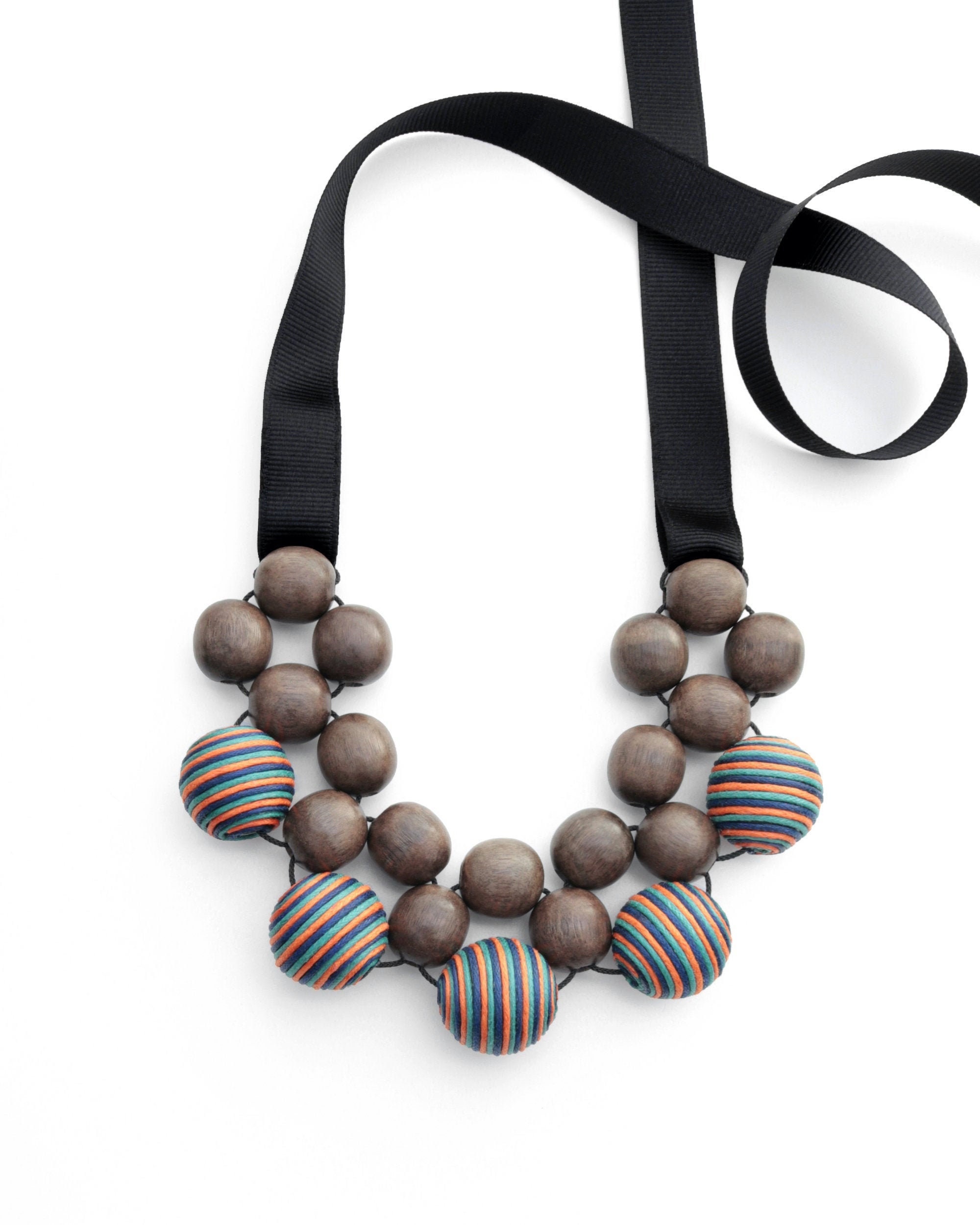 Wood Necklace Natural Wood and Striped 