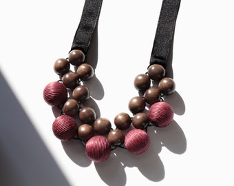Chunky Statement Necklace with Ribbon Ties, Red Bead Necklace, Wood Necklace, Beaded Bib Necklace, Wooden Bead Necklace