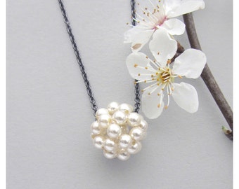 Pearl Ball Cluster Necklace handmade with Swarovski Pearls on oxidised Sterling Silver Chain, Pearl Drop Pendant, Floating Necklace