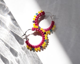 Macramé Crystals Hoops on Medium Sterling Silver Creoles, Embellished with macrame knots and colourful faceted sparkly Austrian crystals