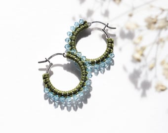 Crystals & Macramé Earrings on Medium Sterling Silver Hoops in Blue Green, Sparkly Crystal-Studded Creoles with handwoven macramé knots