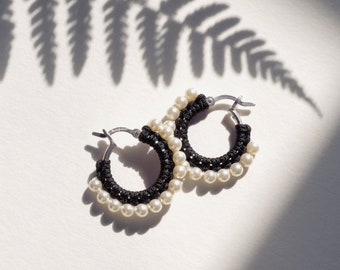 Small Black & White Hoop Earrings with Macramé Detail and Pearl embellishment on Sterling Silver Creoles, Elegant Monochrome Everyday Style