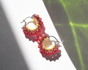 Small Thick Hoop Earrings on Sterling Silver Creoles in Neon Orange Rose and Yellow, Everyday Earrings for Colour Lovers