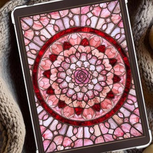 Op de afbeelding: Een tablet met een decoratief glas-in-lood ontwerp in roze en rode tinten. Het ontwerp heeft een centrale roos omringd door een cirkelvormig patroon. De tablet ligt op een gebreide deken.