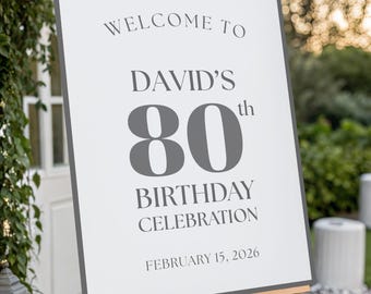 May include: A white sign with gray text on a wooden easel. The sign reads "WELCOME TO DAVID'S 80th BIRTHDAY CELEBRATION FEBRUARY 15, 2026". The sign is framed in gray and is outdoors.