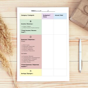 May include: A white budget planner with columns for income, expenses, and savings, with text in English and French. The planner is on a light wood surface, with a pen, a wrapped gift, and decorative wheat stalks.
