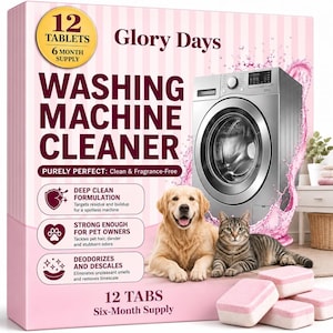 May include: A box of Glory Days washing machine cleaner tablets featuring a silver washing machine, a golden retriever, and a tabby cat. The pink packaging displays the text 12 Tablets, 6 Month Supply, and highlights features like deep clean formulation, pet owner suitability, and deodorizing properties.