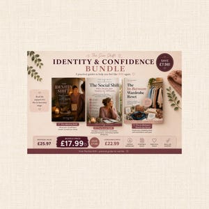 Op de afbeelding: Een digitaal pakket getiteld Identity & Confidence Bundle met drie gidsen: The Identity Shift, The Social Shift en The In-Between Wardrobe Reset. De afbeelding bevat tekst, prijsdetails en afbeeldingen van een persoon en kledingstukken.