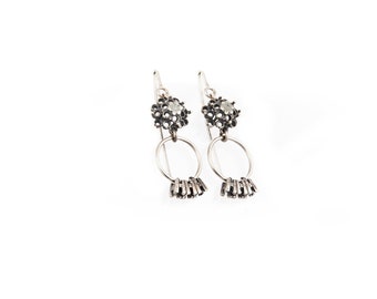 Sterling silver earrings, green earrings, concrete earrings, flower earrings, long hooks earrings, handmade jewelry, dangling earrings