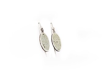 Sterling silver earrings, green earrings, concrete earrings, oval earrings, long hooks earrings, handmade jewelry, dangling earrings