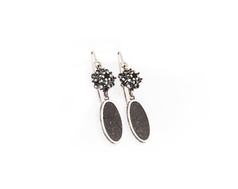 Sterling silver earrings, black earrings, concrete earrings, flower earrings, long hooks earrings, handmade jewelry, dangling earrings