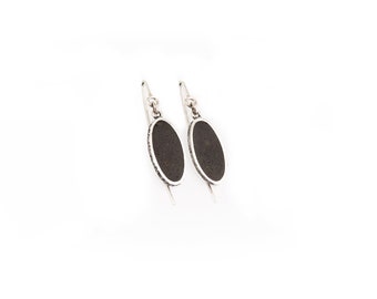 Sterling silver earrings, black earrings, concrete earrings, oval earrings, long hooks earrings, handmade jewelry, dangling earrings
