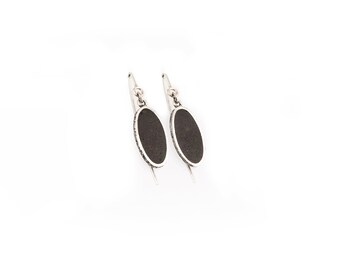 Sterling silver earrings, black earrings, concrete earrings, oval earrings, long hooks earrings, handmade jewelry, dangling earrings