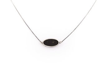 Sterling silver necklace, black cement necklace, concrete necklace, horizontal oval necklace, minimalist pendant, silver and cement necklace