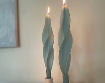 Light Blue Silhouette Candles- Pair of Beeswax Taper Silhouette Candles in a Light Blue Color, finished with a Gold Edge