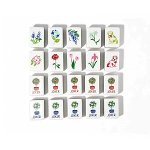 May include: A set of twenty rectangular white tiles arranged in a grid. The top two rows feature colorful illustrations of various flowers and dogs. The bottom two rows display potted topiary trees with the word JOKER printed in red or blue below.