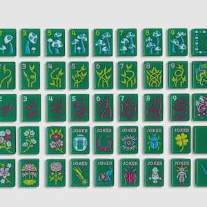 May include: A set of rectangular green mahjong tiles featuring colorful illustrations of mushrooms, bamboo, flowers, insects, animals, and symbols. Each tile displays a number or text including North, East, South, West, and Joker in various colors.