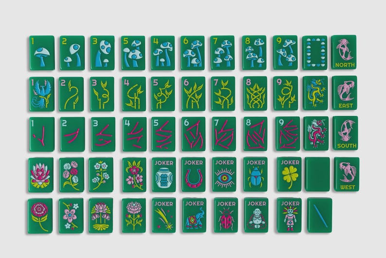 May include: A set of rectangular green mahjong tiles featuring colorful illustrations of mushrooms, bamboo, flowers, insects, animals, and symbols. Each tile displays a number or text including North, East, South, West, and Joker in various colors.