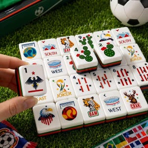 May include: A set of white mahjong tiles featuring colorful illustrations of soccer-themed icons, animals, stadiums, and the words SOUTH, WEST, JOKER, and CRAK. Each tile has a black, green, and red layered base, displayed on a green turf surface.