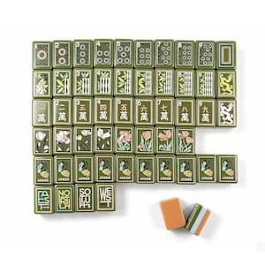 May include: A set of rectangular mahjong tiles in olive green with various printed designs including numbers, Chinese characters, floral patterns, dragon illustrations, and the word Joker. Two additional tiles are placed separately below.