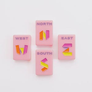 May include: Four rectangular pink tiles arranged in a compass formation. Each tile features a purple cardinal direction label&mdash;NORTH, SOUTH, EAST, or WEST&mdash;and a stylized, multi-colored letter representing that direction in orange, yellow, and magenta.