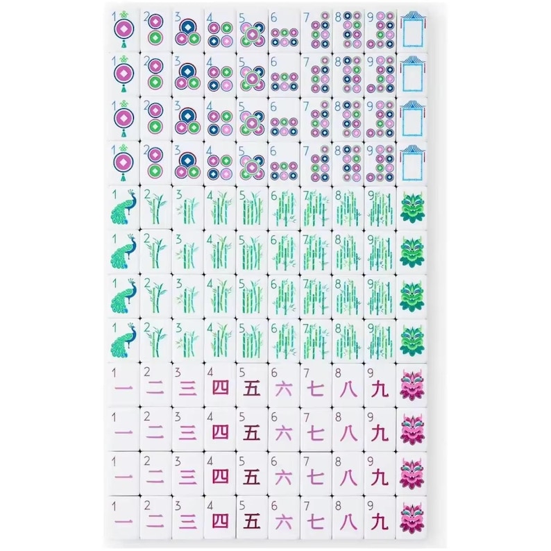 Może przedstawiać: Zestaw białych płytek do gry w Mahjong ułożonych w siatkę, z kolorowymi ilustracjami monet, łodyg bambusa, pawi, smok&oacute;w i chińskich cyfr. Każda płytka przedstawia liczbę od jednego do dziewięciu z wzorami w kolorze niebieskim, zielonym i r&oacute;żowym.
