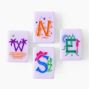 Pu&ograve; includere: Quattro tessere rettangolari color viola chiaro disposte a forma di bussola. Ogni tessera presenta una lettera che rappresenta un punto cardinale: W con palme viola, N in arancione con stelle, E in verde con uno skyline cittadino e S in blu con un cappello da cowboy rosa e un cactus verde.