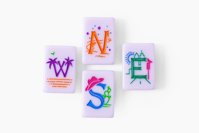 Pu&ograve; includere: Quattro tessere rettangolari color viola chiaro disposte a forma di bussola. Ogni tessera presenta una lettera che rappresenta un punto cardinale: W con palme viola, N in arancione con stelle, E in verde con uno skyline cittadino e S in blu con un cappello da cowboy rosa e un cactus verde.