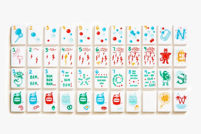 May include: A set of rectangular white tiles arranged in four rows, featuring colorful hand-drawn illustrations and numbers. The designs include bubbles, lightning bolts, the text BAM, flour containers, food items, and cardinal directions.