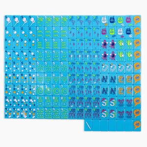 May include: A set of rectangular light blue mahjong tiles arranged in a grid. Each tile features colourful graphic illustrations including numbers one through nine, various symbols, cartoon characters, and orange speech bubble icons with text.