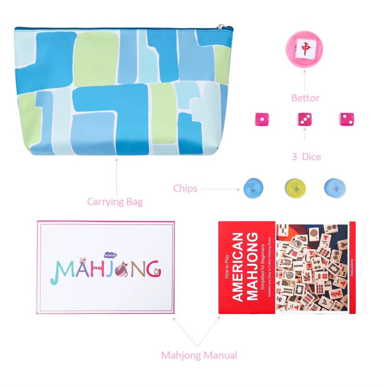 May include: A Mahjong game set including a blue, green, and white patterned carrying bag, a pink bettor, three pink dice, three colored chips, and an instructional manual titled How to Play American Mahjong Simplified for Beginners.
