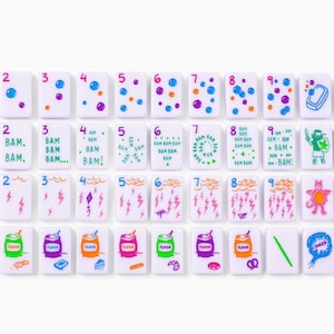 Pu&ograve; includere: Un set di tessere rettangolari bianche da mahjong disposte in quattro file. Le tessere presentano illustrazioni colorate tra cui numeri, bolle, fulmini, prodotti alimentari e le lettere direzionali N, E, W e S, alcune con il testo BAM.