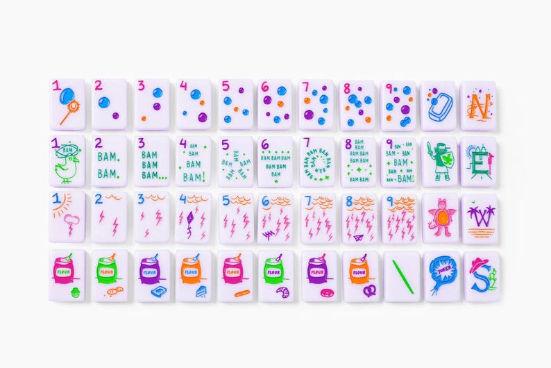 Pu&ograve; includere: Un set di tessere rettangolari bianche da mahjong disposte in quattro file. Le tessere presentano illustrazioni colorate tra cui numeri, bolle, fulmini, prodotti alimentari e le lettere direzionali N, E, W e S, alcune con il testo BAM.