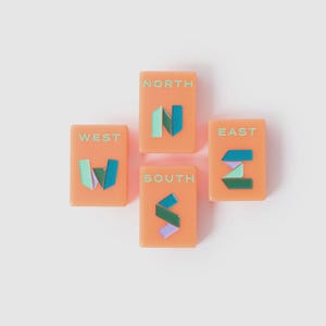 May include: Four rectangular orange tiles arranged in a cross shape, each labeled with a cardinal direction: NORTH, SOUTH, EAST, and WEST. Each tile features a stylized, multi-colored geometric letter representing the direction in shades of teal, blue, and lavender.